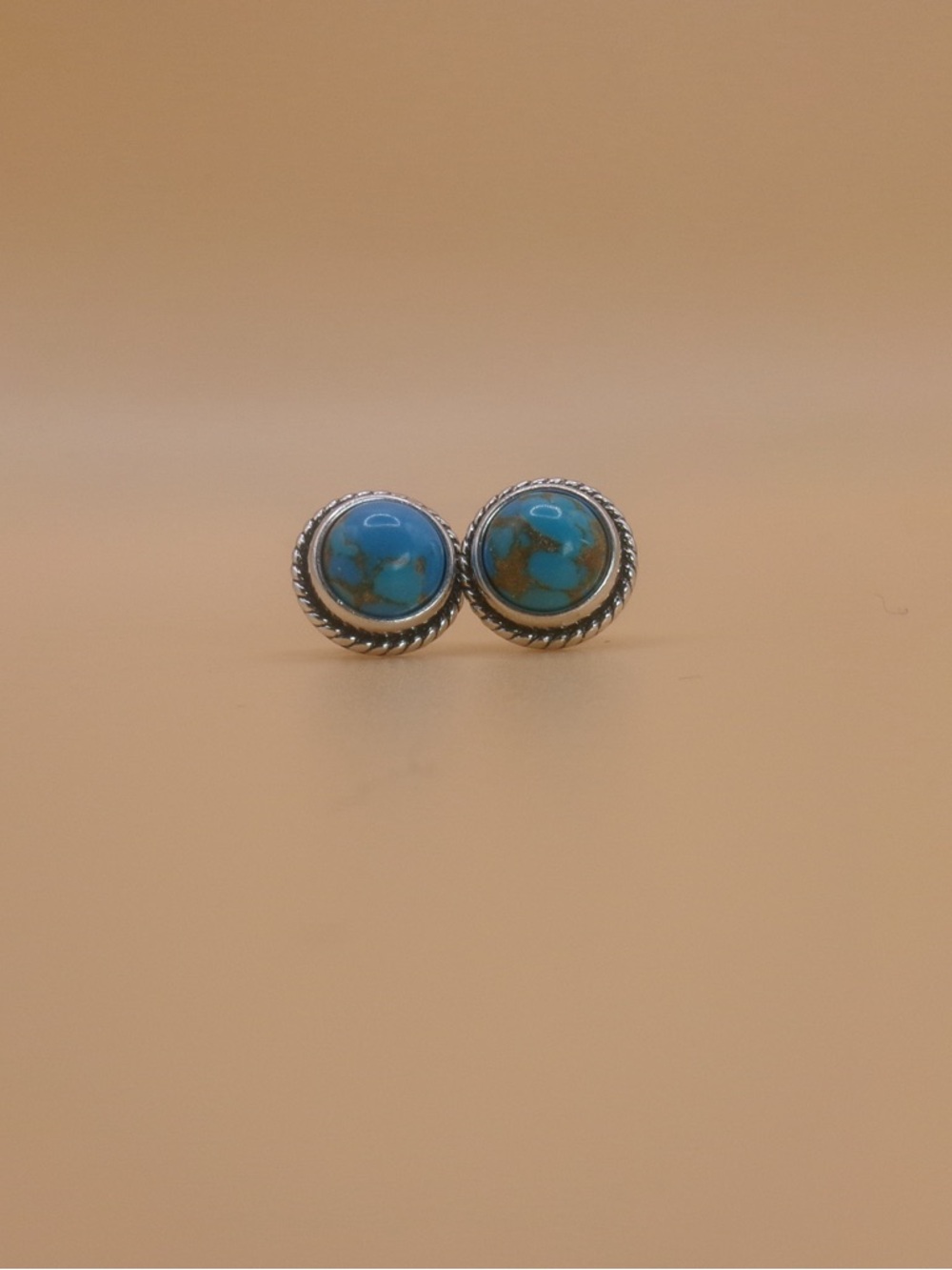 Synthetic Turquoise Stone Silvery Stud Earrings